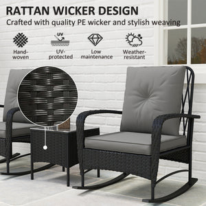 3 Pieces Rattan Bistro Set, Wicker Garden Furniture Set with Cushions, Glass Top Coffee Table and Rocking Chairs, Small Balcony Furniture for Outdoor, Porch, Black