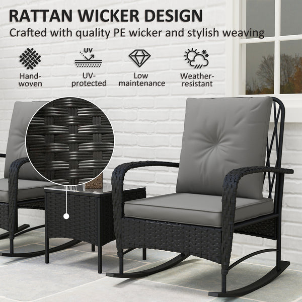 3 Pieces Rattan Bistro Set, Wicker Garden Furniture Set with Cushions, Glass Top Coffee Table and Rocking Chairs, Small Balcony Furniture for Outdoor, Porch, Black