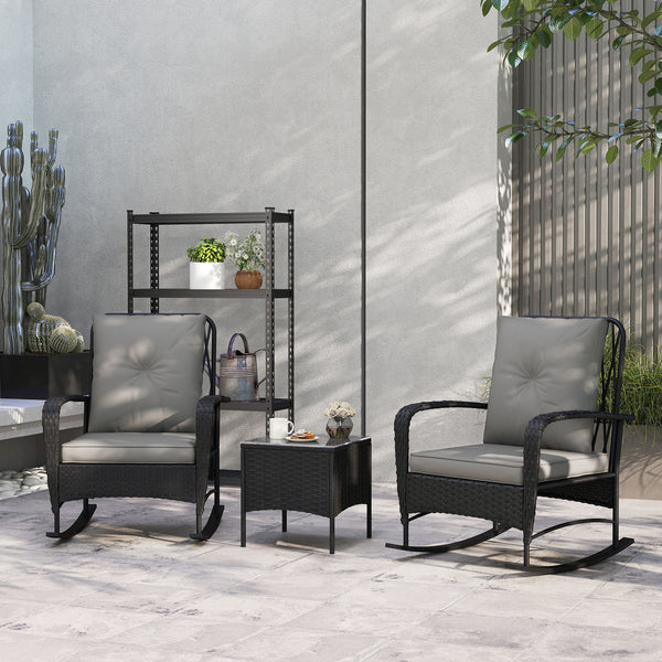 3 Pieces Rattan Bistro Set, Wicker Garden Furniture Set with Cushions, Glass Top Coffee Table and Rocking Chairs, Small Balcony Furniture for Outdoor, Porch, Black