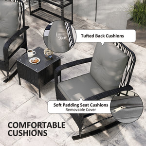 3 Pieces Rattan Bistro Set, Wicker Garden Furniture Set with Cushions, Glass Top Coffee Table and Rocking Chairs, Small Balcony Furniture for Outdoor, Porch, Black