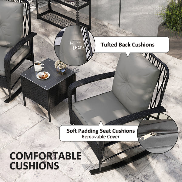 3 Pieces Rattan Bistro Set, Wicker Garden Furniture Set with Cushions, Glass Top Coffee Table and Rocking Chairs, Small Balcony Furniture for Outdoor, Porch, Black
