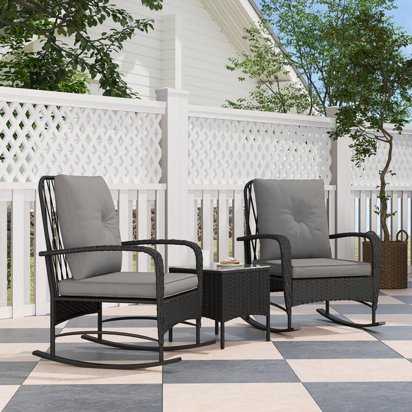 3 Pieces Rattan Bistro Set, Wicker Garden Furniture Set with Cushions, Glass Top Coffee Table and Rocking Chairs, Small Balcony Furniture for Outdoor, Porch, Black