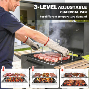 Charcoal BBQ Grill with Height Adjustable Charcoal Pan, Barbecue Smoker with Warming Rack, 3 Shelves, Temperature Gauge, Wheels, Bottle Opener for Outdoor Cooking Garden Party