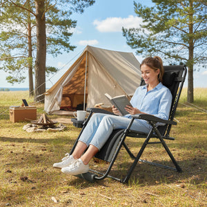 Zero Gravity Lounger Chair, Padded Folding Reclining Patio Chair with Cup Holder, Detachable Headrest, Extra Wide Seat, 400 LBS Capacity for Pool, Camping, Black