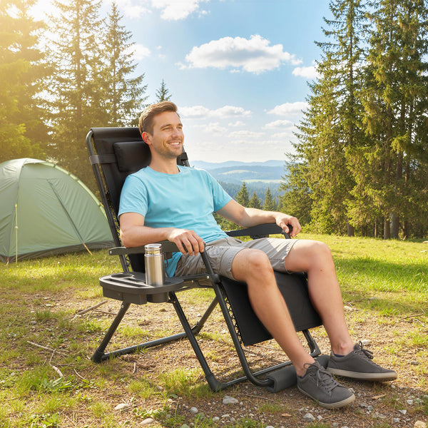 Zero Gravity Lounger Chair, Padded Folding Reclining Patio Chair with Cup Holder, Detachable Headrest, Extra Wide Seat, 400 LBS Capacity for Pool, Camping, Black