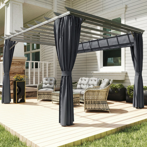 3.6 x 3 m Pergola with Retractable Roof Canopy and Curtains, Aluminium Frame Garden Pergola Gazebo Sun Shade Shelter for Grill, Patio, Deck, Dark Grey