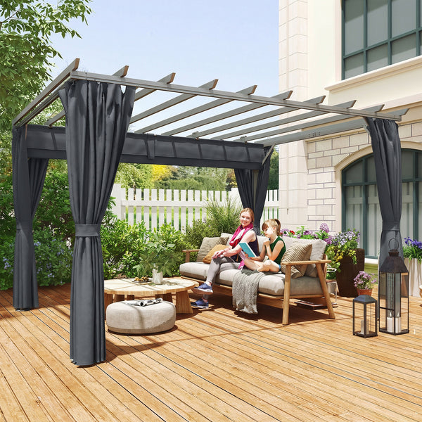 3.6 x 3 m Pergola with Retractable Roof Canopy and Curtains, Aluminium Frame Garden Pergola Gazebo Sun Shade Shelter for Grill, Patio, Deck, Dark Grey