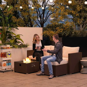 5 Piece Rattan Garden Furniture Set with Gas Fire Pit Table, 4 Seater Outdoor Sectional Sofa Set with Footstool and Removable Cushions, Modular Combination, Brown and Cream White