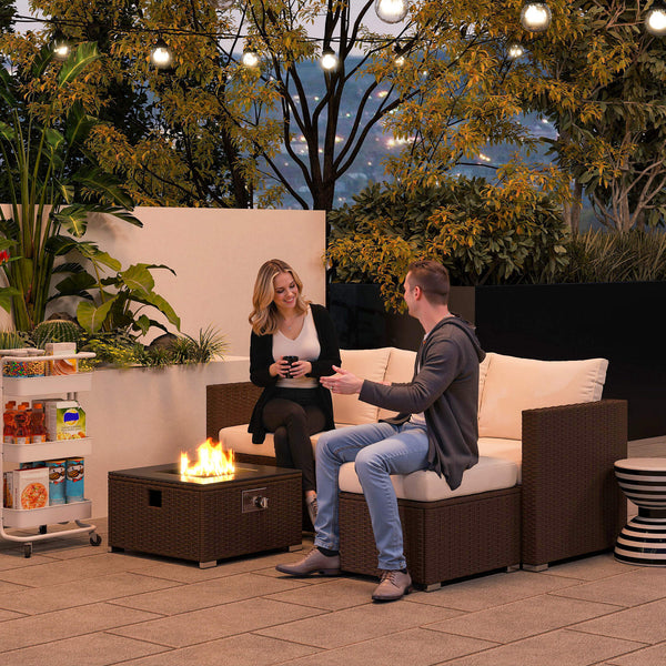 5 Piece Rattan Garden Furniture Set with Gas Fire Pit Table, 4 Seater Outdoor Sectional Sofa Set with Footstool and Removable Cushions, Modular Combination, Brown and Cream White