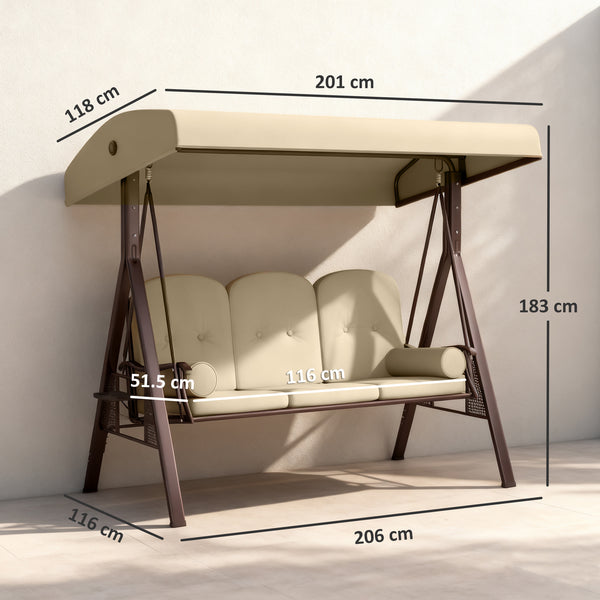 3 Seater Canopy Swing Chair, Outdoor Garden Swing Seat with Adjustable Canopy, Cushions and Cup Trays, Steel Frame, Brown