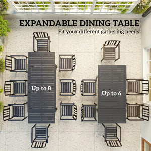 Extending Garden Table for 6-8 People, Full Aluminium Outdoor Dining Table with Slatted Top, Weatherproof Outdoor Dining Furniture for Patio, Balcony, 150/225 x 85 x 75 cm, Dark Grey