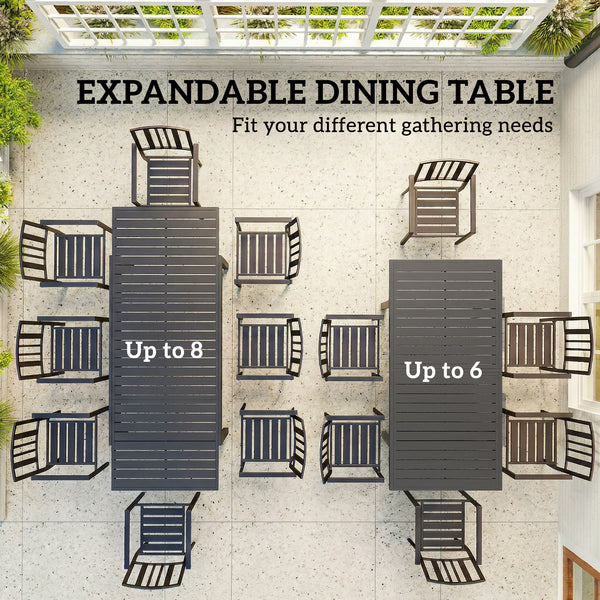 Extending Garden Table for 6-8 People, Full Aluminium Outdoor Dining Table with Slatted Top, Weatherproof Outdoor Dining Furniture for Patio, Balcony, 150/225 x 85 x 75 cm, Dark Grey