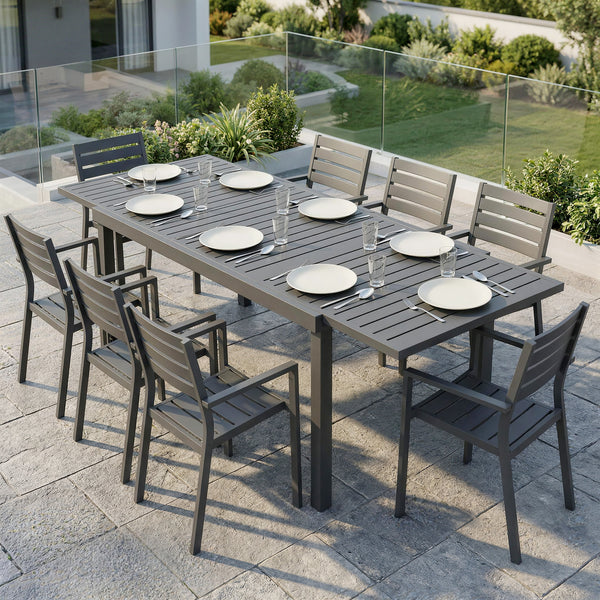Extending Garden Table for 6-8 People, Full Aluminium Outdoor Dining Table with Slatted Top, Weatherproof Outdoor Dining Furniture for Patio, Balcony, 150/225 x 85 x 75 cm, Dark Grey