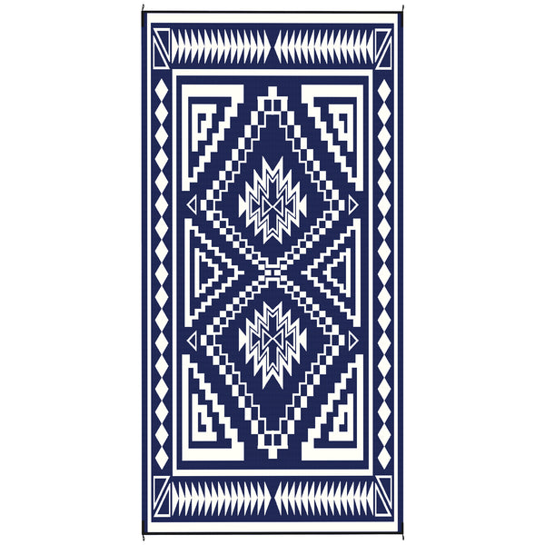 Outsunny Reversible Outdoor Rug, 9' x 18' Waterproof Plastic Straw Floor Mat, Portable RV Camping Carpet, Large Floor Mat for Backyard, Deck, Picnic, Beach, Blue & White Square Patchwork