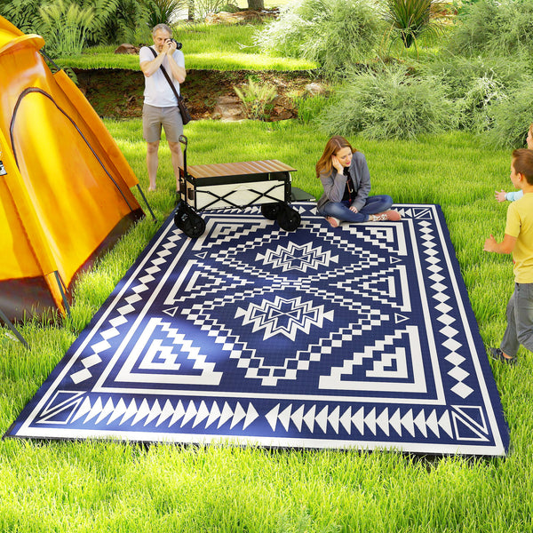 Outsunny Reversible Outdoor Rug, 9' x 18' Waterproof Plastic Straw Floor Mat, Portable RV Camping Carpet, Large Floor Mat for Backyard, Deck, Picnic, Beach, Blue & White Square Patchwork