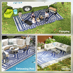 Outsunny Reversible Outdoor Rug, 9' x 18' Waterproof Plastic Straw Floor Mat, Portable RV Camping Carpet, Large Floor Mat for Backyard, Deck, Picnic, Beach, Blue & White Square Patchwork