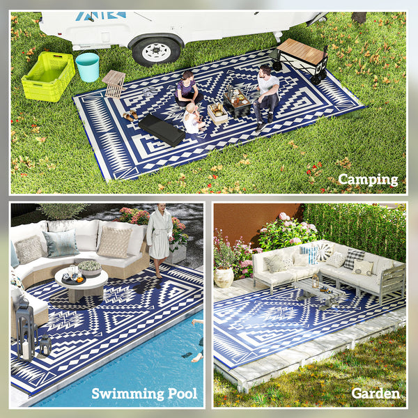 Outsunny Reversible Outdoor Rug, 9' x 18' Waterproof Plastic Straw Floor Mat, Portable RV Camping Carpet, Large Floor Mat for Backyard, Deck, Picnic, Beach, Blue & White Square Patchwork