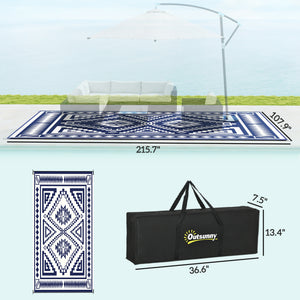 Outsunny Reversible Outdoor Rug, 9' x 18' Waterproof Plastic Straw Floor Mat, Portable RV Camping Carpet, Large Floor Mat for Backyard, Deck, Picnic, Beach, Blue & White Square Patchwork