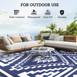 Outsunny Reversible Outdoor Rug, 9' x 18' Waterproof Plastic Straw Floor Mat, Portable RV Camping Carpet, Large Floor Mat for Backyard, Deck, Picnic, Beach, Blue & White Square Patchwork