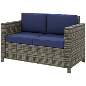 2 Seat Patio Loveseat Deluxe Wicker Sofa Chair Outdoor Rattan Furniture Couch All Weather with Cushion for Balcony, Deck, Garden and Poolside, Dark Blue