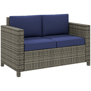 2 Seat Patio Loveseat Deluxe Wicker Sofa Chair Outdoor Rattan Furniture Couch All Weather with Cushion for Balcony, Deck, Garden and Poolside, Dark Blue