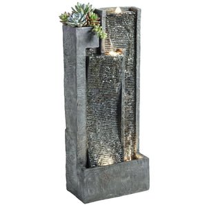 Water Feature with LED Lights and Planter, 3-Tier Garden Water Fountain with Pump, Resin Freestanding Waterfall Feature for Patio Garden, Dark Grey