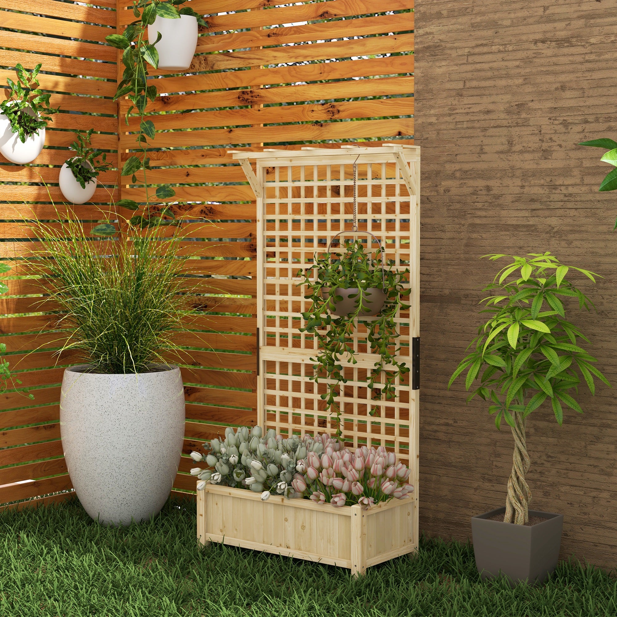 pot screen planter Outsunny Raised Garden Bed, Wood Planter with Trellis for Vine Climbing, Privacy Screen Planter Box to Grow Vegetables, Herbs, and Flowers for B
