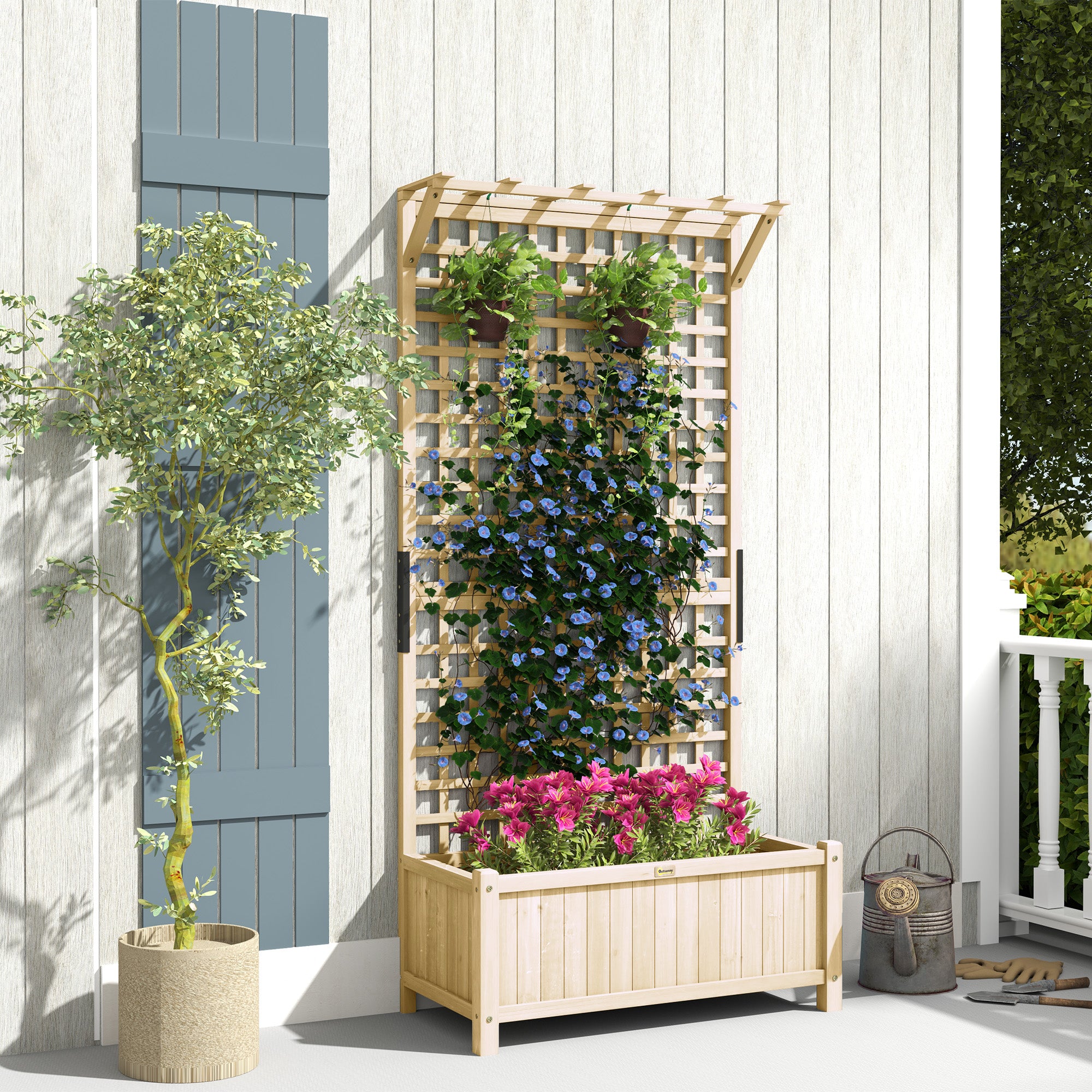 Outsunny Elevated Garden Bed With Trellis - Grey Wood Planter Box For Climbing Plants
