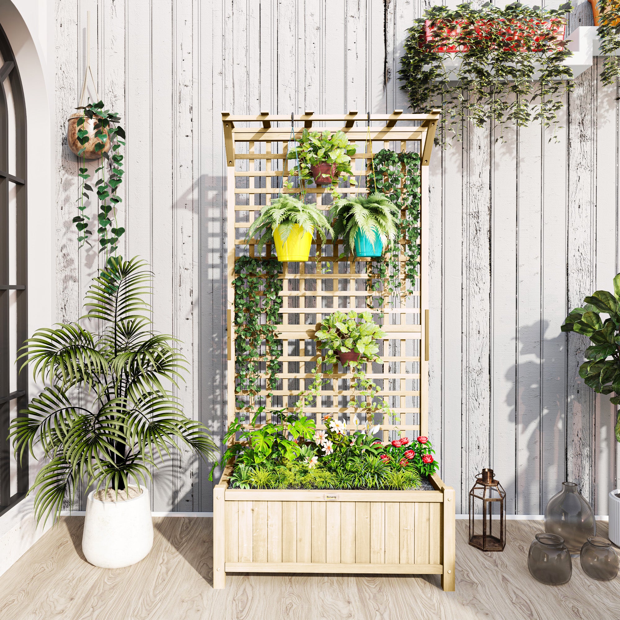 outsunny wood planter with trellis Outsunny Raised Garden Bed, Wood Planter with Trellis for Vine Climbing, Privacy Screen Planter Box to Grow Vegetables, Herbs, and Flowers for B