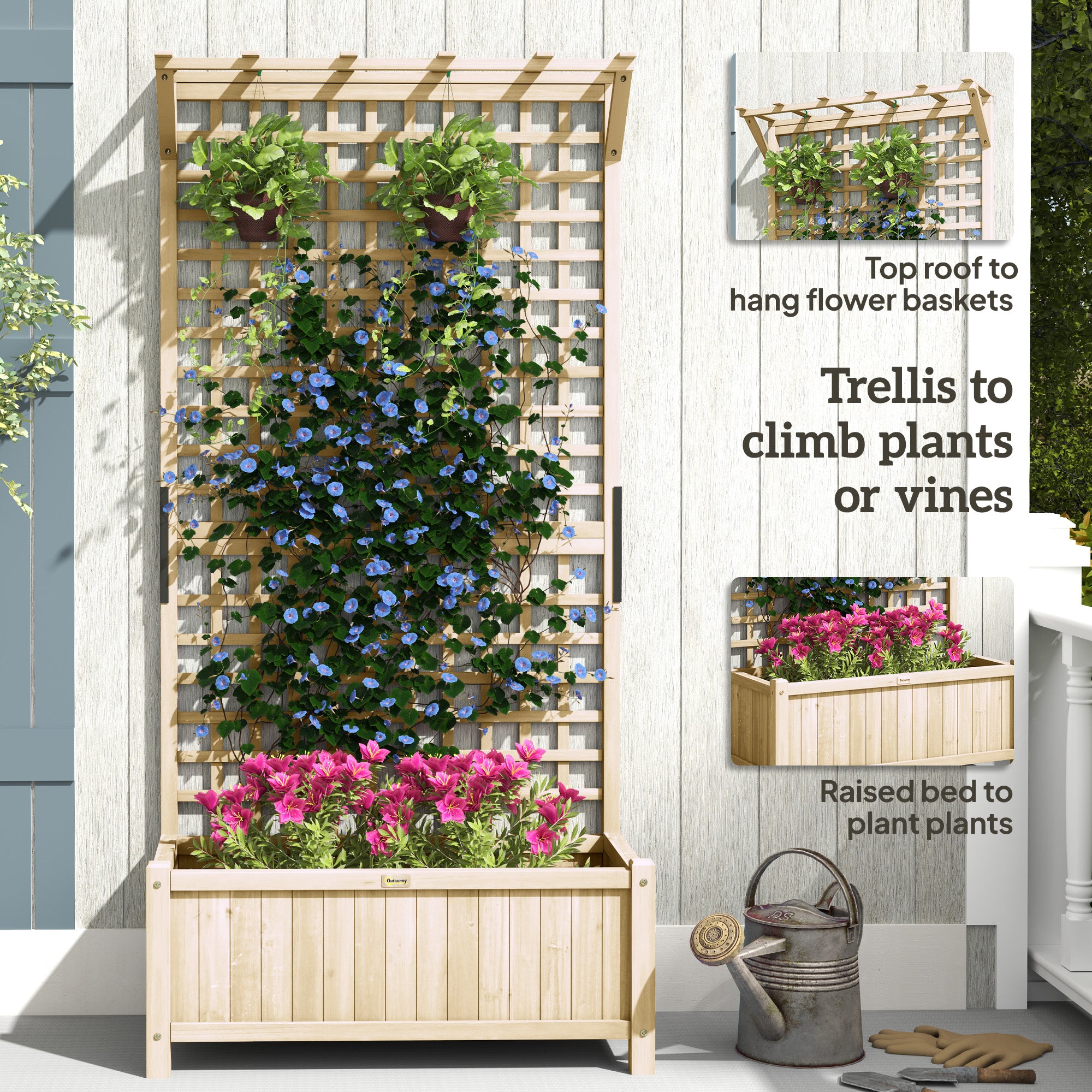 outsunny trellis planter Outsunny Raised Garden Bed, Wood Planter with Trellis for Vine Climbing, Privacy Screen Planter Box to Grow Vegetables, Herbs, and Flowers for B