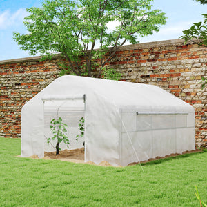 Outsunny 13' x 10' x 6.5' Hoop House Greenhouse with Large Windows and Zippered Door, Large Walk-In Tunnel Green House with Upgraded Galvanized Steel Frame, PE Cover, Gardening Plant Hot House, White