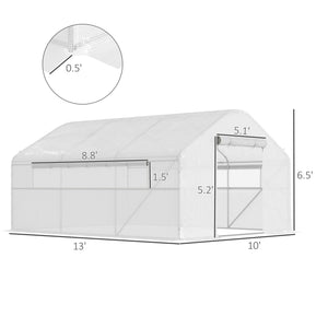 Outsunny 13' x 10' x 6.5' Hoop House Greenhouse with Large Windows and Zippered Door, Large Walk-In Tunnel Green House with Upgraded Galvanized Steel Frame, PE Cover, Gardening Plant Hot House, White