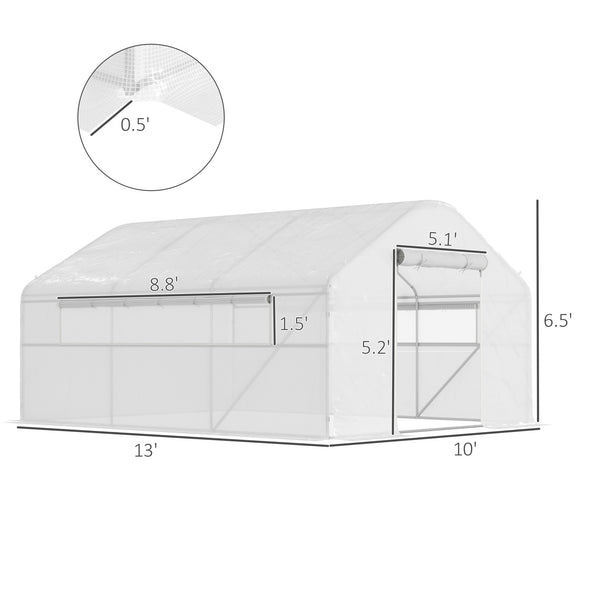 Outsunny 13' x 10' x 6.5' Hoop House Greenhouse with Large Windows and Zippered Door, Large Walk-In Tunnel Green House with Upgraded Galvanized Steel Frame, PE Cover, Gardening Plant Hot House, White