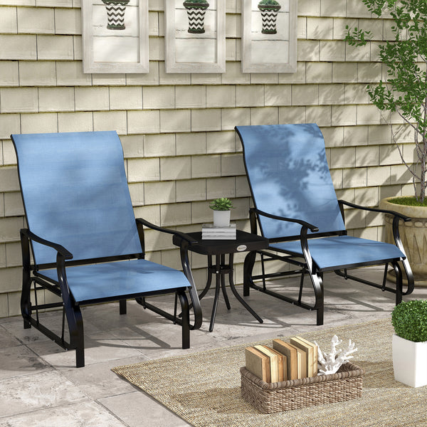 Outsunny 3-Piece Outdoor Gliders Set Bistro Set with Steel Frame, Tempered Glass Top Table for Patio, Garden, Backyard, Lawn, Light Blue