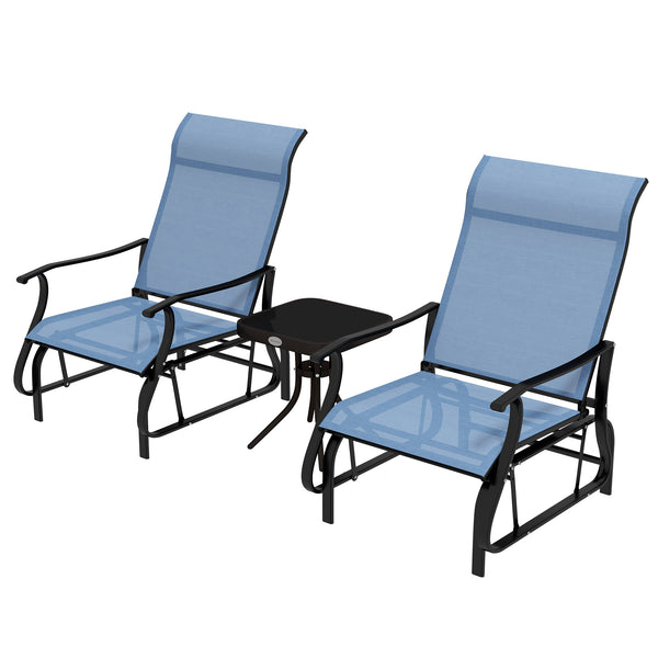 Outsunny 3-Piece Outdoor Gliders Set Bistro Set with Steel Frame, Tempered Glass Top Table for Patio, Garden, Backyard, Lawn, Light Blue