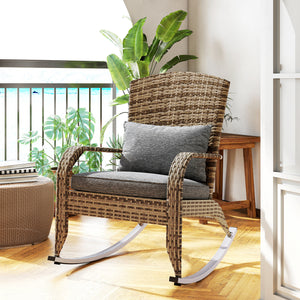 Outdoor Wicker Adirondack Rocking Chair, Patio Rattan Rocker Chair with High Back, Seat Cushion and Pillow for Garden, Porch, Balcony, Grey/Mixed Yellow