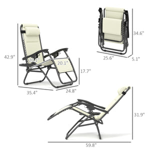 Outsunny Zero Gravity Chairs Set of 2, Reclining Folding Zero Gravity Lounge Chair, Outdoor Lounge Chairs with Cushion, Headrest, and Cup Phone Holder Tray for Patio, Beach, Cream White