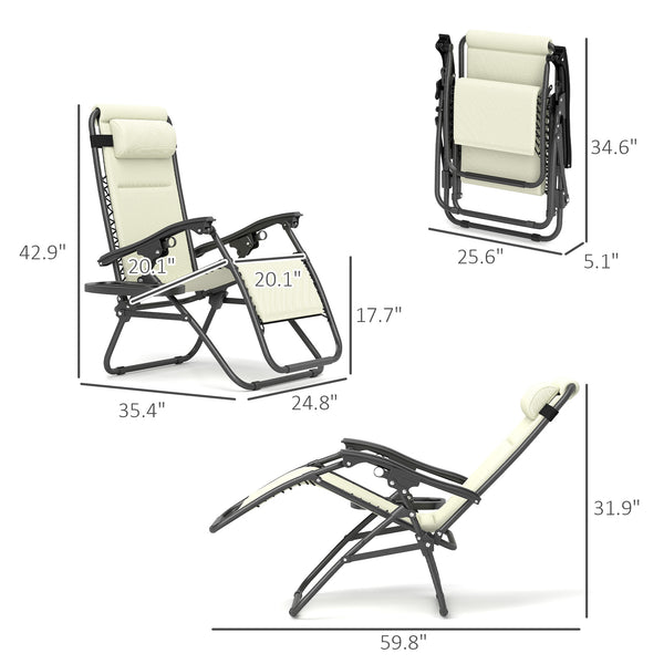 Outsunny Zero Gravity Chairs Set of 2, Reclining Folding Zero Gravity Lounge Chair, Outdoor Lounge Chairs with Cushion, Headrest, and Cup Phone Holder Tray for Patio, Beach, Cream White