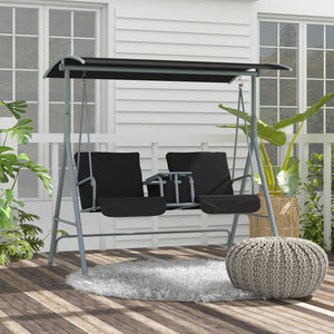 2 Seater Garden Swing Chair Patio Rocking Bench w/ Tilting Canopy, Double Padded Seats, Storage Bag and Tray, Black