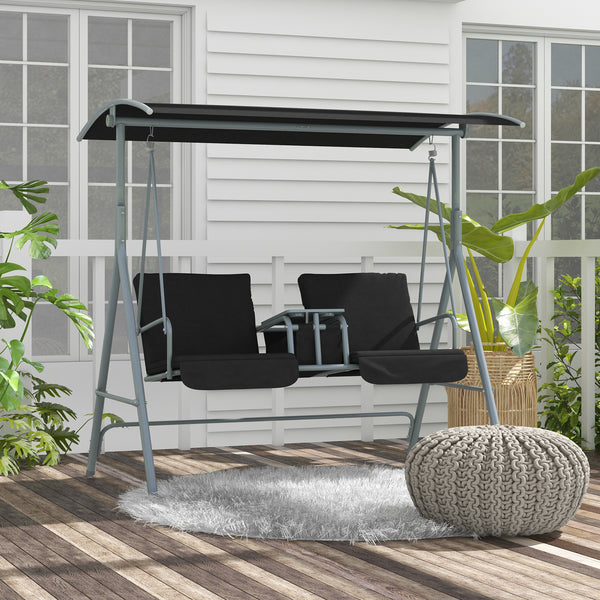 2 Person Porch Swing with Stand, Outdoor Swing with Canopy, Pivot Storage Table, 2 Cup Holders, Cushions for Patio, Backyard, Black