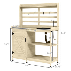 Outsunny Outdoor Wooden Potting Bench Table with Sink and Water Tap, Garden Workstation with Storage Cabinet, Storage Shelves for Backyard, Patio, Balcony, Natural