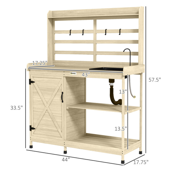 Outsunny Outdoor Wooden Potting Bench Table with Sink and Water Tap, Garden Workstation with Storage Cabinet, Storage Shelves for Backyard, Patio, Balcony, Natural