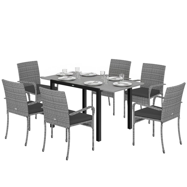 7 Piece Rattan Garden Furniture Set, 6 Seater Garden Table and 6 Stackable Chairs with Extendable Acacia Wood Tabletop, All-Weather Outdoor Furniture with Cushions for Patio, Light Grey