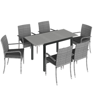 7 Piece Rattan Garden Furniture Set, 6 Seater Garden Table and 6 Stackable Chairs with Extendable Acacia Wood Tabletop, All-Weather Outdoor Furniture with Cushions for Patio, Light Grey
