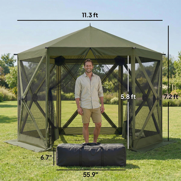 10 x 11 ft Pop Up Gazebo Screen Tent, Outdoor Portable Instant Camping Canopy Screen House Sun Shelter with Mesh Nettings, Carry Bag, Ground Stakes, Ropes for Patio, Backyard, Dark Green