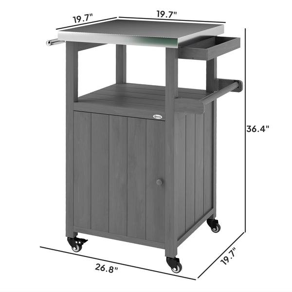 Outsunny Outdoor Grill Cart with Wheels, Storage Cabinet, Solid Wood Outdoor Kitchen Island with Stainless Steel Top, Movable Bar Cart with Spice Rack, Side Handle, Integrated Hole for BBQ, Dark Gray