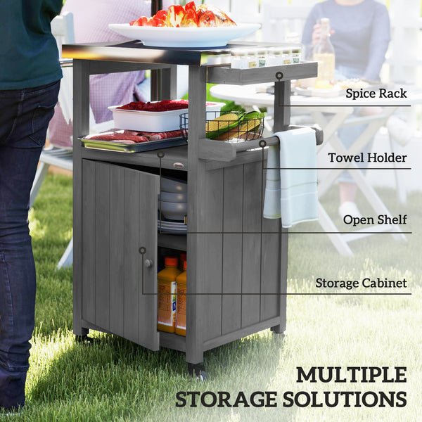 Outsunny Outdoor Grill Cart with Wheels, Storage Cabinet, Solid Wood Outdoor Kitchen Island with Stainless Steel Top, Movable Bar Cart with Spice Rack, Side Handle, Integrated Hole for BBQ, Dark Gray