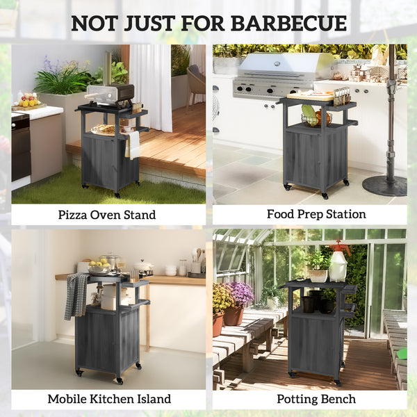 Outsunny Outdoor Grill Cart with Wheels, Storage Cabinet, Solid Wood Outdoor Kitchen Island with Stainless Steel Top, Movable Bar Cart with Spice Rack, Side Handle, Integrated Hole for BBQ, Dark Gray