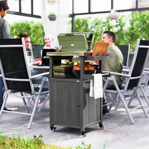 Outsunny Outdoor Grill Cart with Wheels, Storage Cabinet, Solid Wood Outdoor Kitchen Island with Stainless Steel Top, Movable Bar Cart with Spice Rack, Side Handle, Integrated Hole for BBQ, Dark Gray