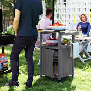 Outsunny Outdoor Grill Cart with Wheels, Storage Cabinet, Solid Wood Outdoor Kitchen Island with Stainless Steel Top, Movable Bar Cart with Spice Rack, Side Handle, Integrated Hole for BBQ, Dark Gray